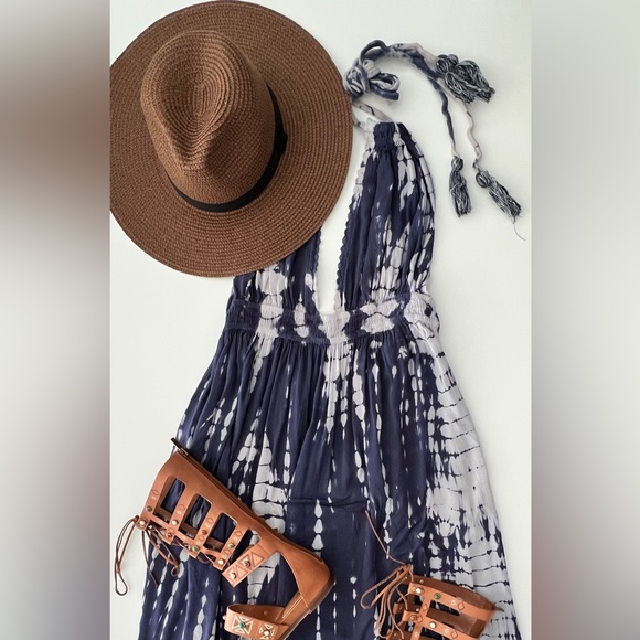 TIE DYE MAXI Dress Cover Up Blue Gray Hi Low Smocked Halter Long Ties WORN ONCE - Picture 5 of 13